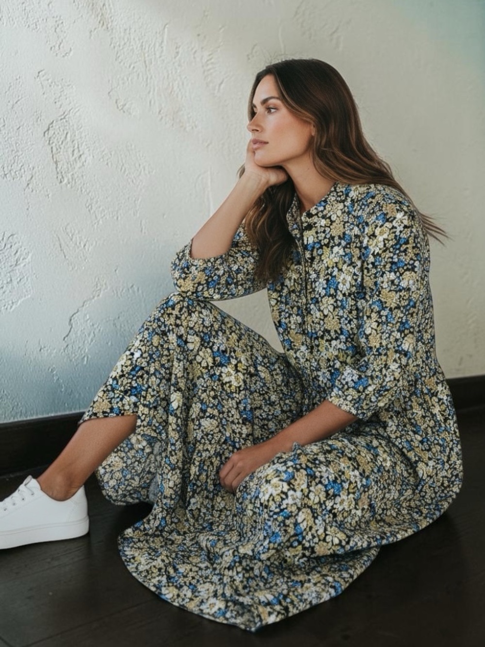 Anthropologie MELLODAY Blue and Yellow Floral High Low Maxi Dress Small EUC - Picture 8 of 9